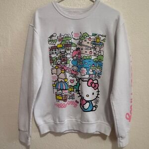 Hello Kitty Graphic Carnival Sweatshirt White Crewneck Long Sleeve Womens Size S